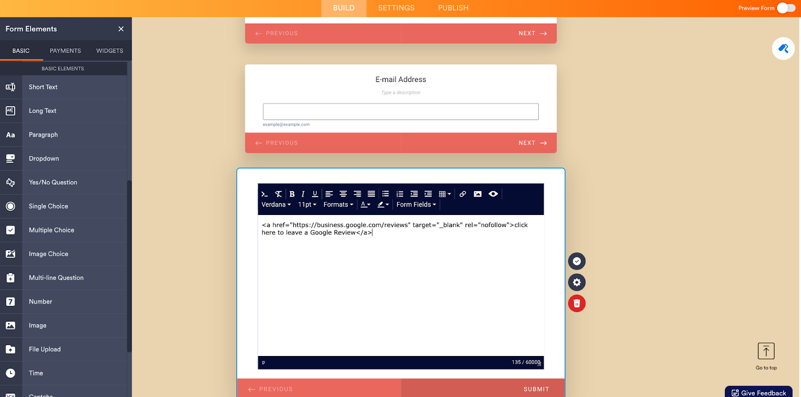 Screenshot of Jotform Form Builder Pasting the Link that Goes to Your Business’s Google Reviews Page Into Paragraph Element