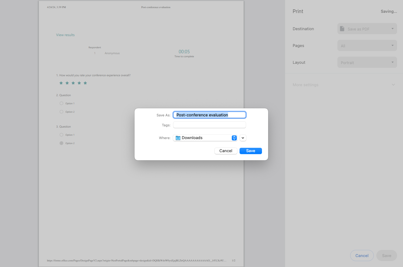 Giving the File a Name and Saving a Response as a PDF in Microsoft Forms