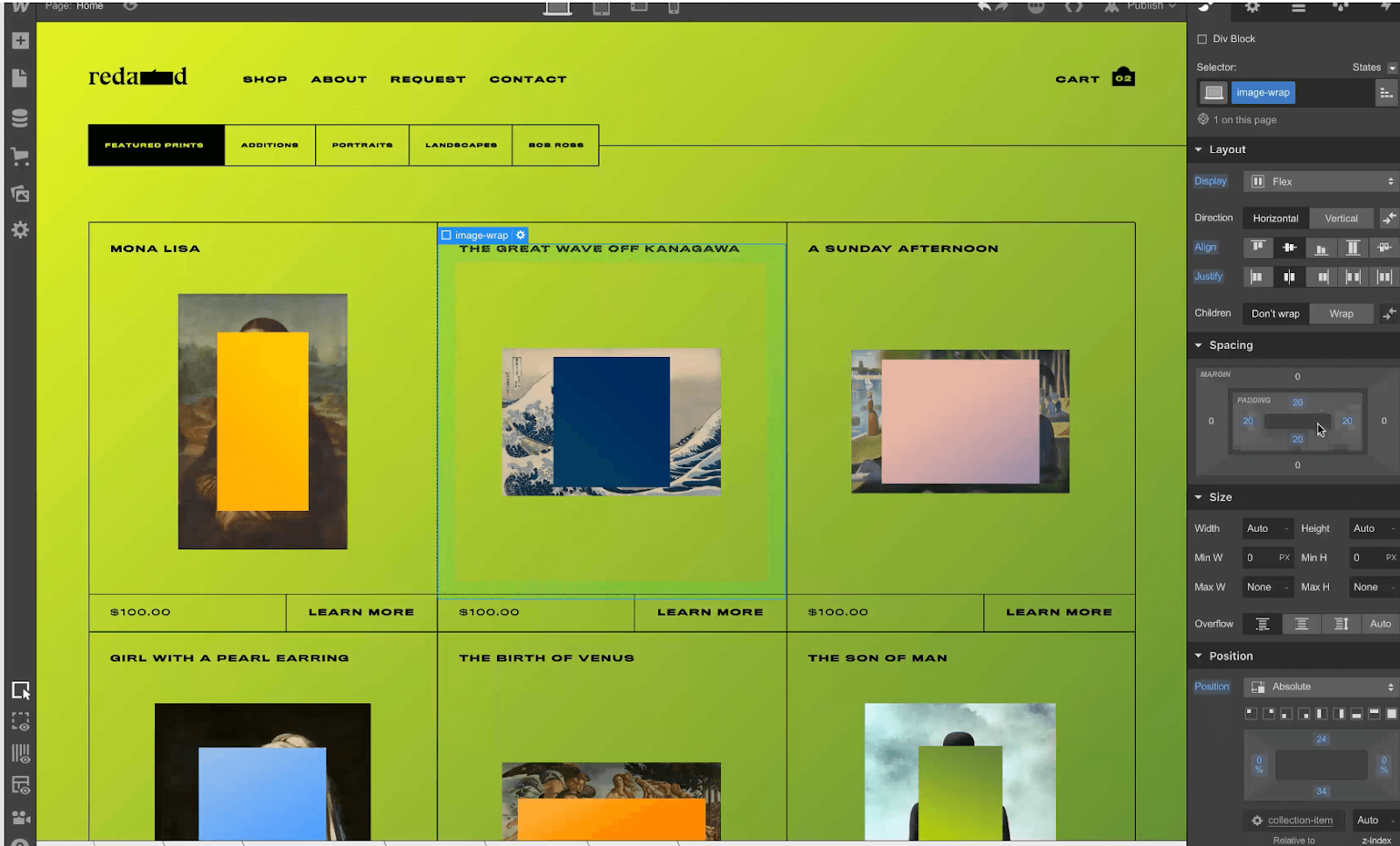 Benutzeroberfläche von Webflow