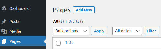 Clicking on the Pages Tab in the Admin Panel in WordPress