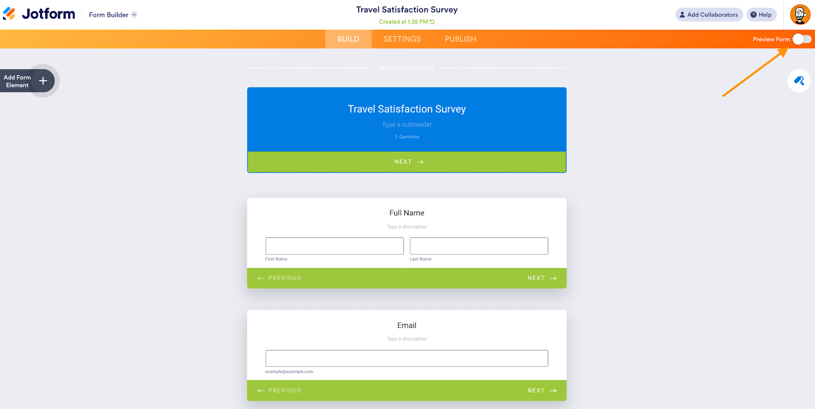 Toggling on the Preview Form Button on the Travel Satisfaction Form in Jotform Form Builder