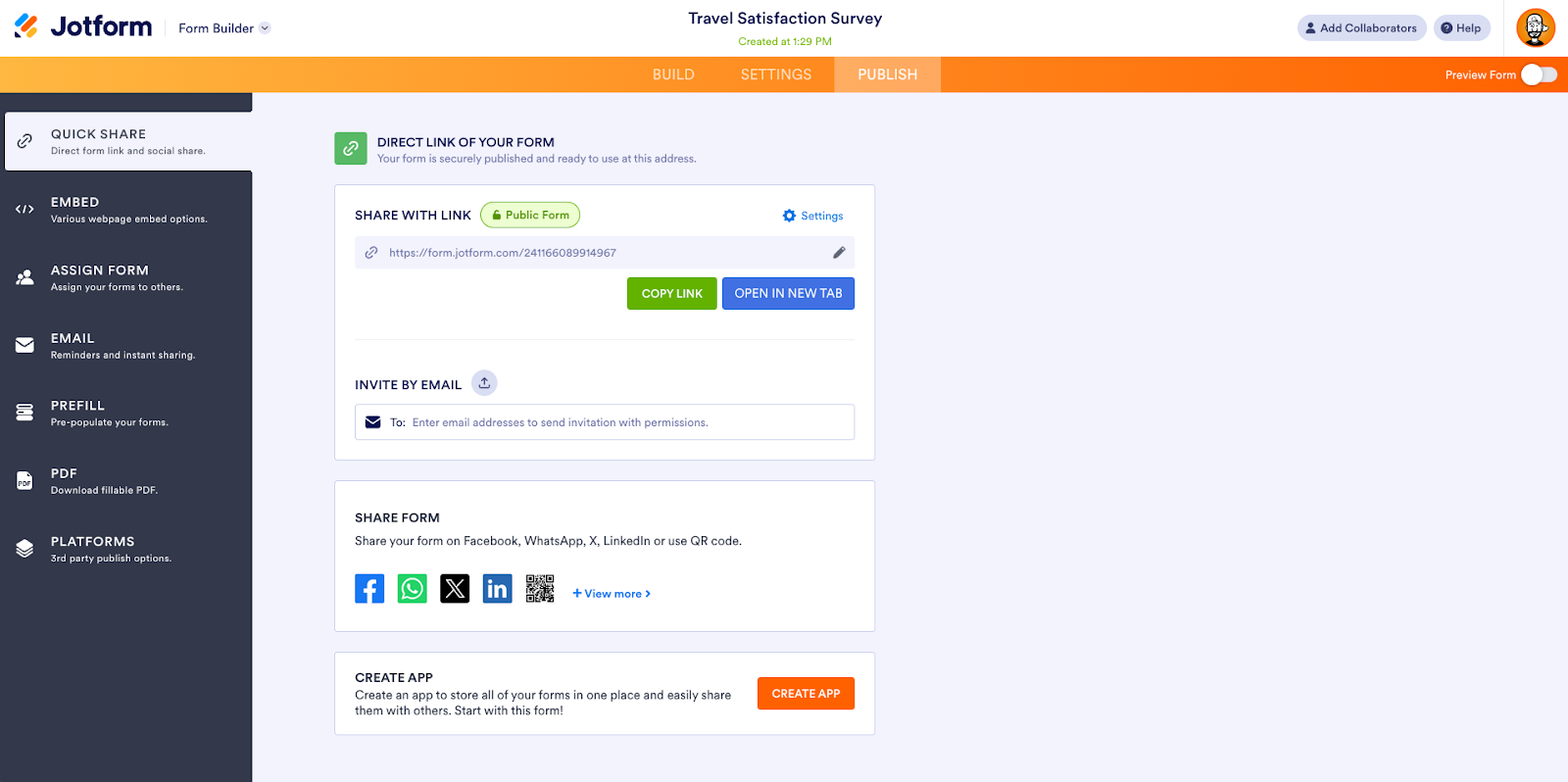 Viewing the Options of Quick Share Tab Under the Publish Tab in Jotform Form Builder