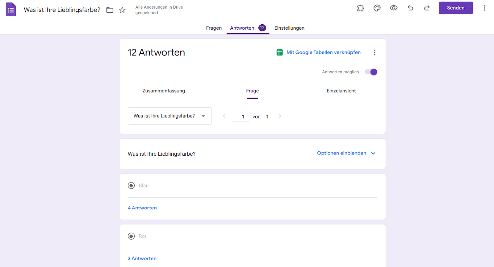 Screenshot von Google Formulare Klicken Sie auf Antworten und sehen Sie sich die Registerkarte Frage an