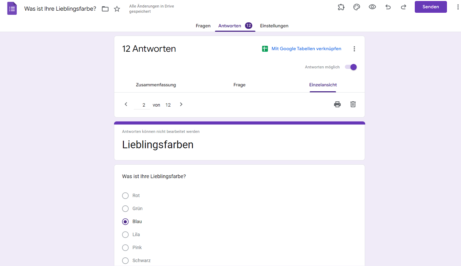 Screenshot von Google Formulare Klicken Sie auf Antworten und sehen Sie sich die einzelnen Registerkarten an