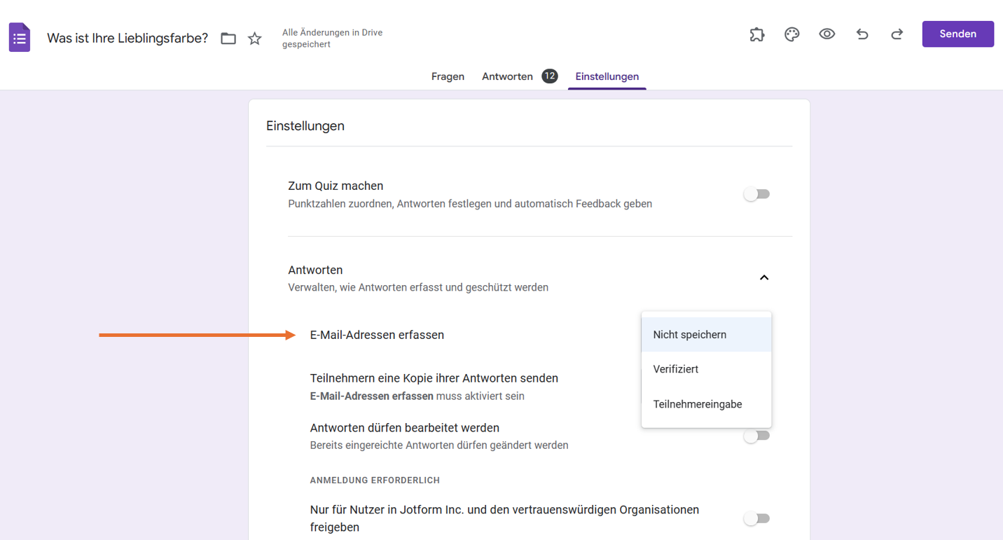 Screenshot der Registerkarte Google Formulare Einstellungen Klicken Sie auf E-Mail-Adressen erfassen