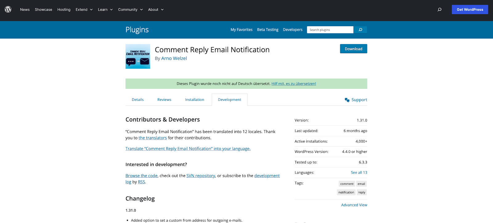 E-Mail-Benachrichtigung über die Antwort auf einen Kommentar auf der WordPress Plugins Seite