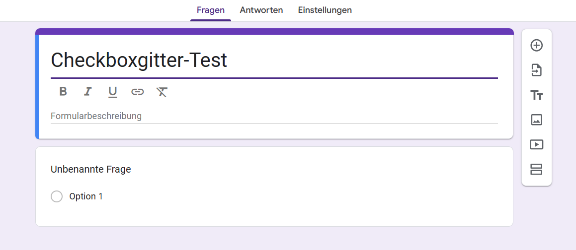 Ein Screenshot eines neu erstellten Google Formulars, bereit zum Bearbeiten und Anpassen