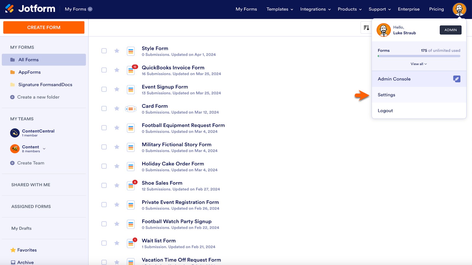Jotform My Forms Page Clicking on the Settings Option