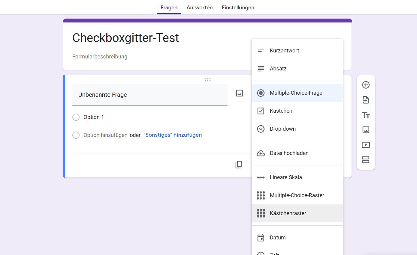 Screenshot des Eigenschaftsmenüs für Formulare, in dem Nutzer auswählen können, ob ein Checkboxgitter in Google Formulare eingebettet werden soll
