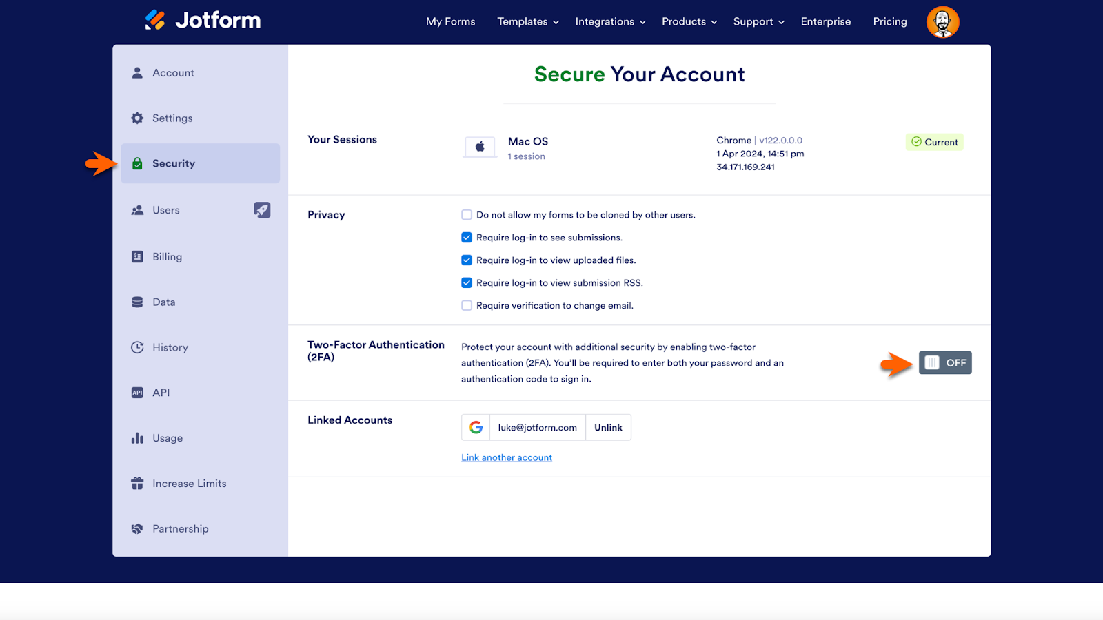 Settings Page of Jotform Clicking on the Security Tab and Toggling Two-Factor Authentication On