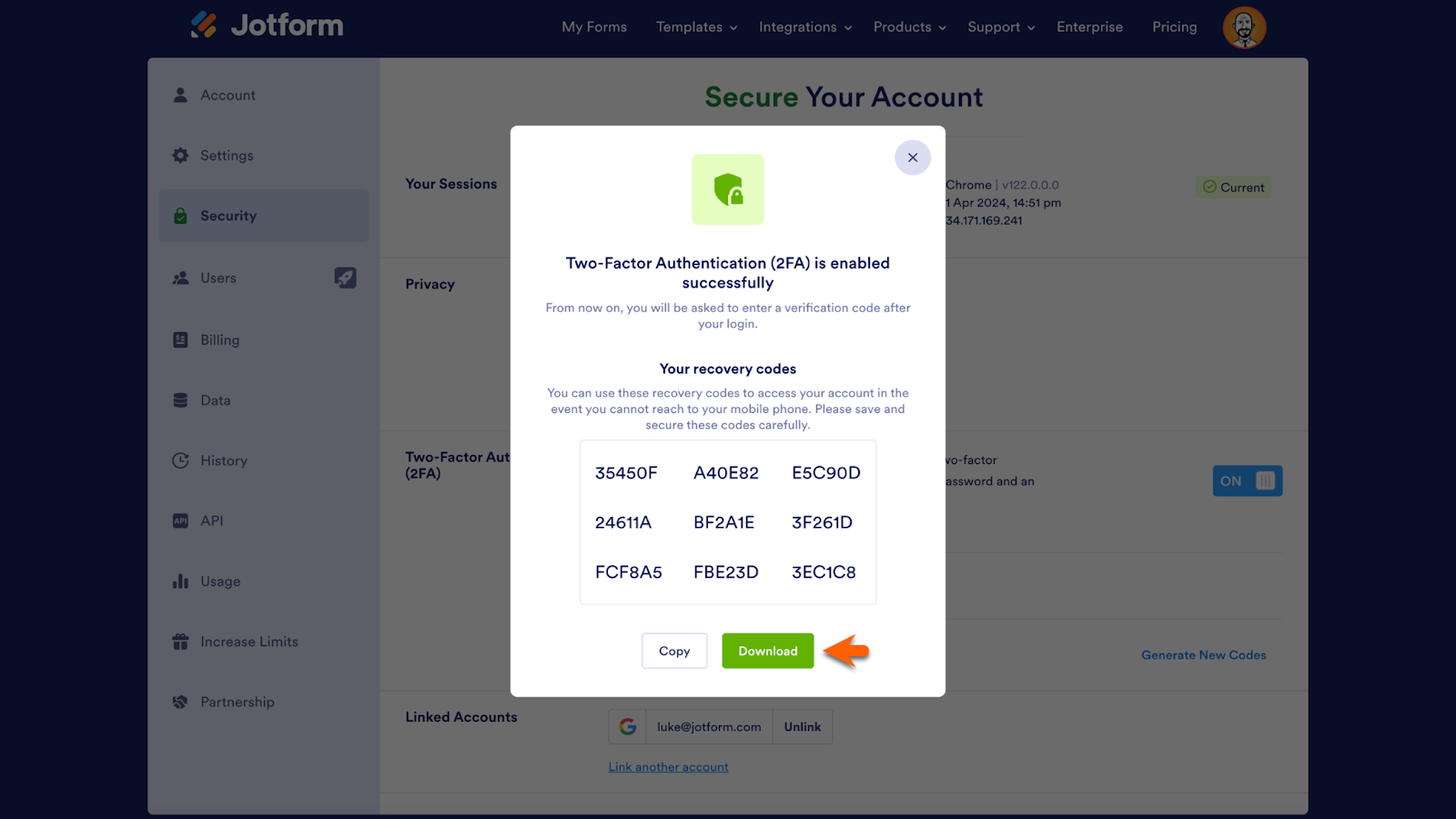 Security Settings on Jotform Viewing "Two-Factor Authentication (2FA) is enabled successfully" Window Clicking on Download