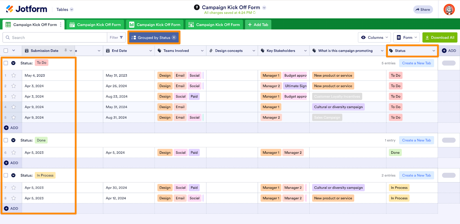 "Campaign Kick Off Form" in Jotform Tables Viewing How the Submissions are Grouped by Status and Highlighting the Status Column