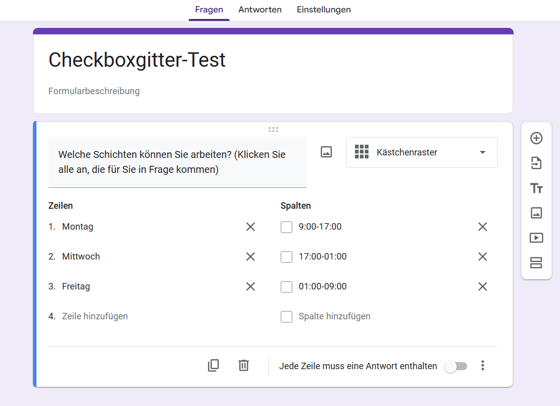Ein Screenshot eines Formularbearbeitungsfensters, in dem Nutzer ihr Checkboxgitter in Google Formulare anpassen können