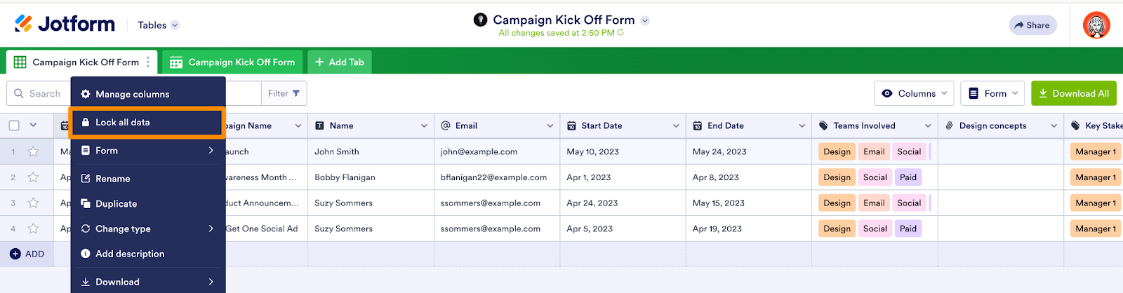 Clicking on Lock all data Option in Jotform Tables