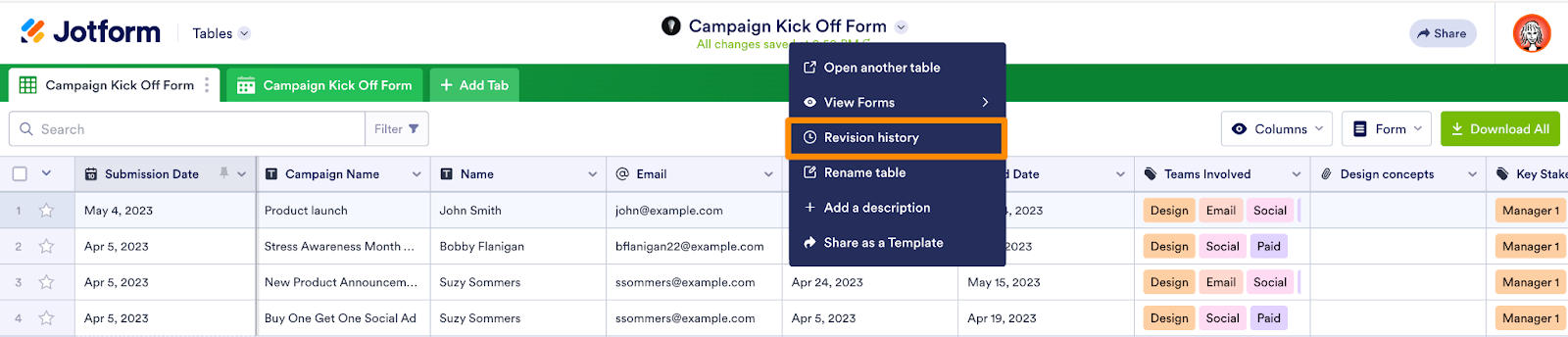 Clicking on Revision history option in Jotform Tables