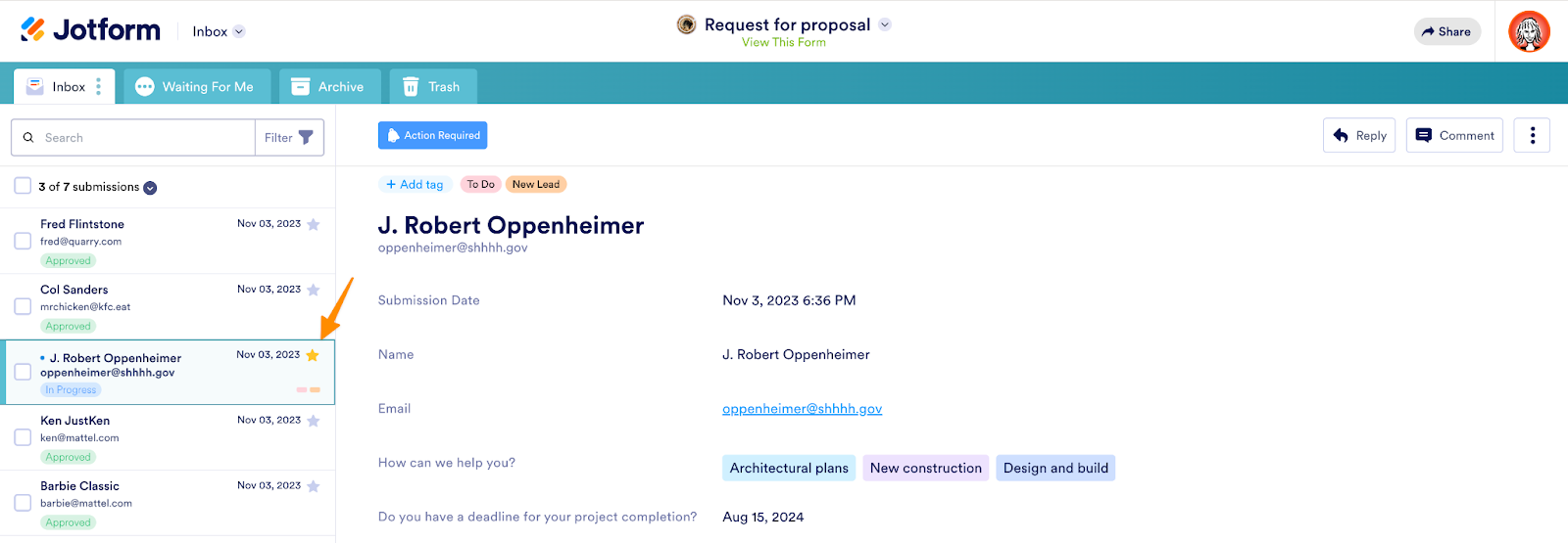 Setting the Submission as Priority in Jotform Inbox