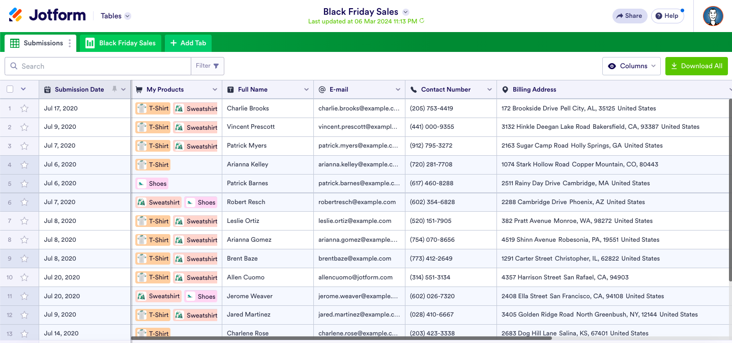 Black Friday Sales Form in Jotform Tables