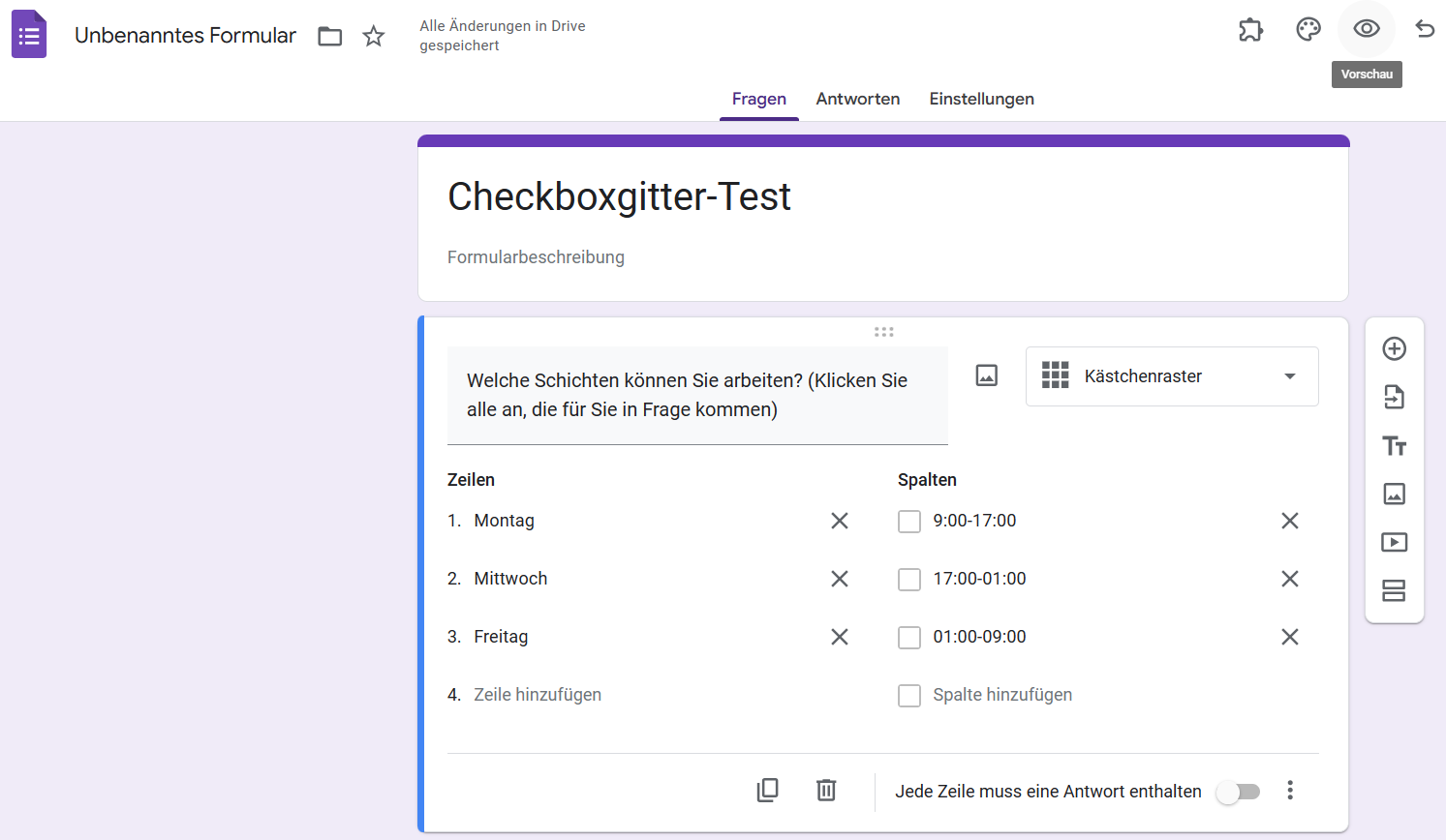Ein Screenshot einer vollständig bearbeiteten Frage, bereit für die Vorschau der Checkboxen in Google Formulare