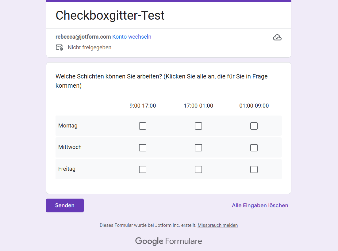 Ein Screenshot eines ausgefüllten Checkboxgitters in Google Formulare, wie es die Empfänger sehen werden