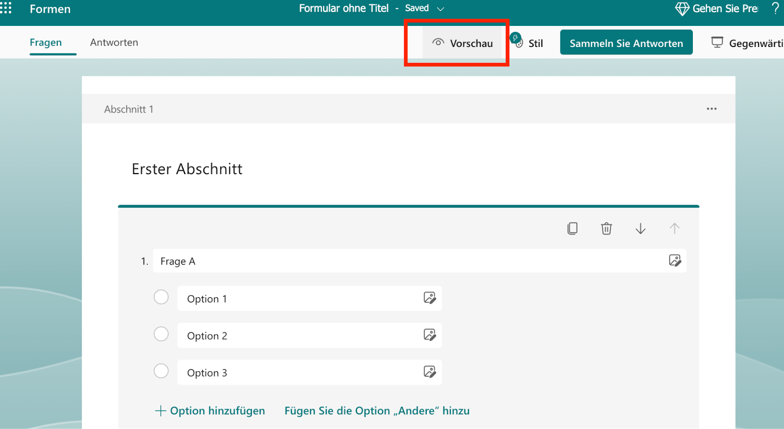 Ein Screenshot zeigt, dass der Benutzer auf das Augensymbol klicken kann, um eine Vorschau des Formulars zu erhalten, bevor er es mit anderen teilt