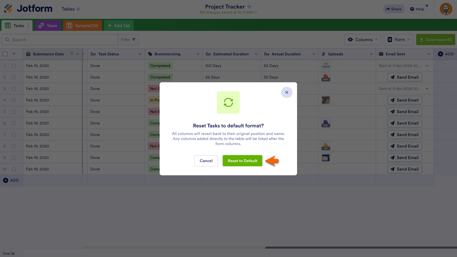 "Reset Tasks to default format?" Window Opened in Jotform Tables Clicking on "Reset to Default"