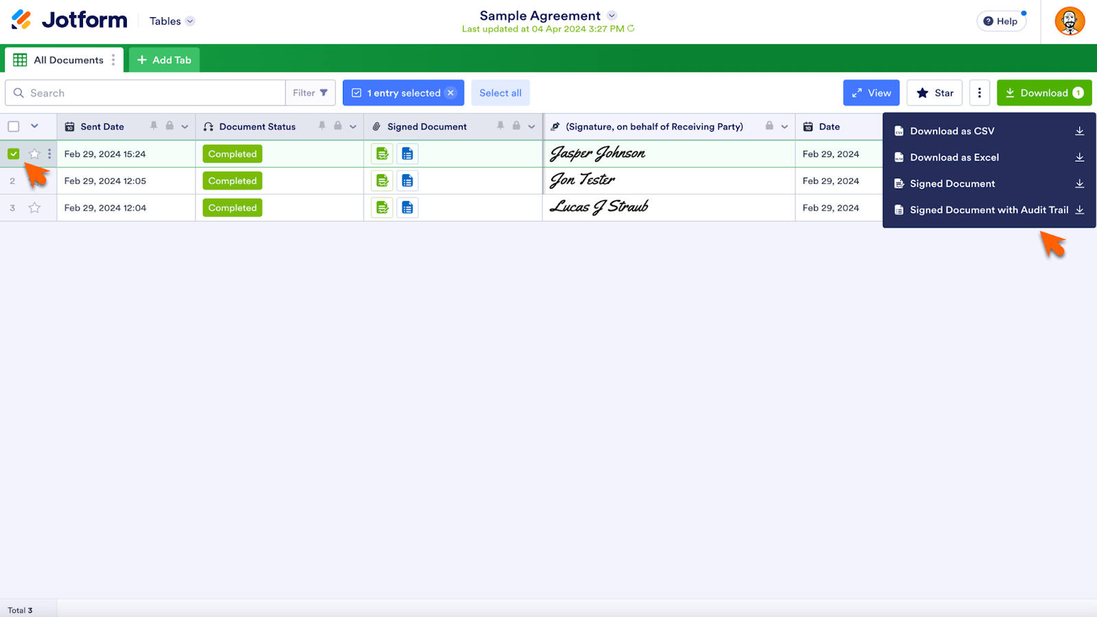 Selecting the Document to Download and Viewing Download Options in Jotform Tables