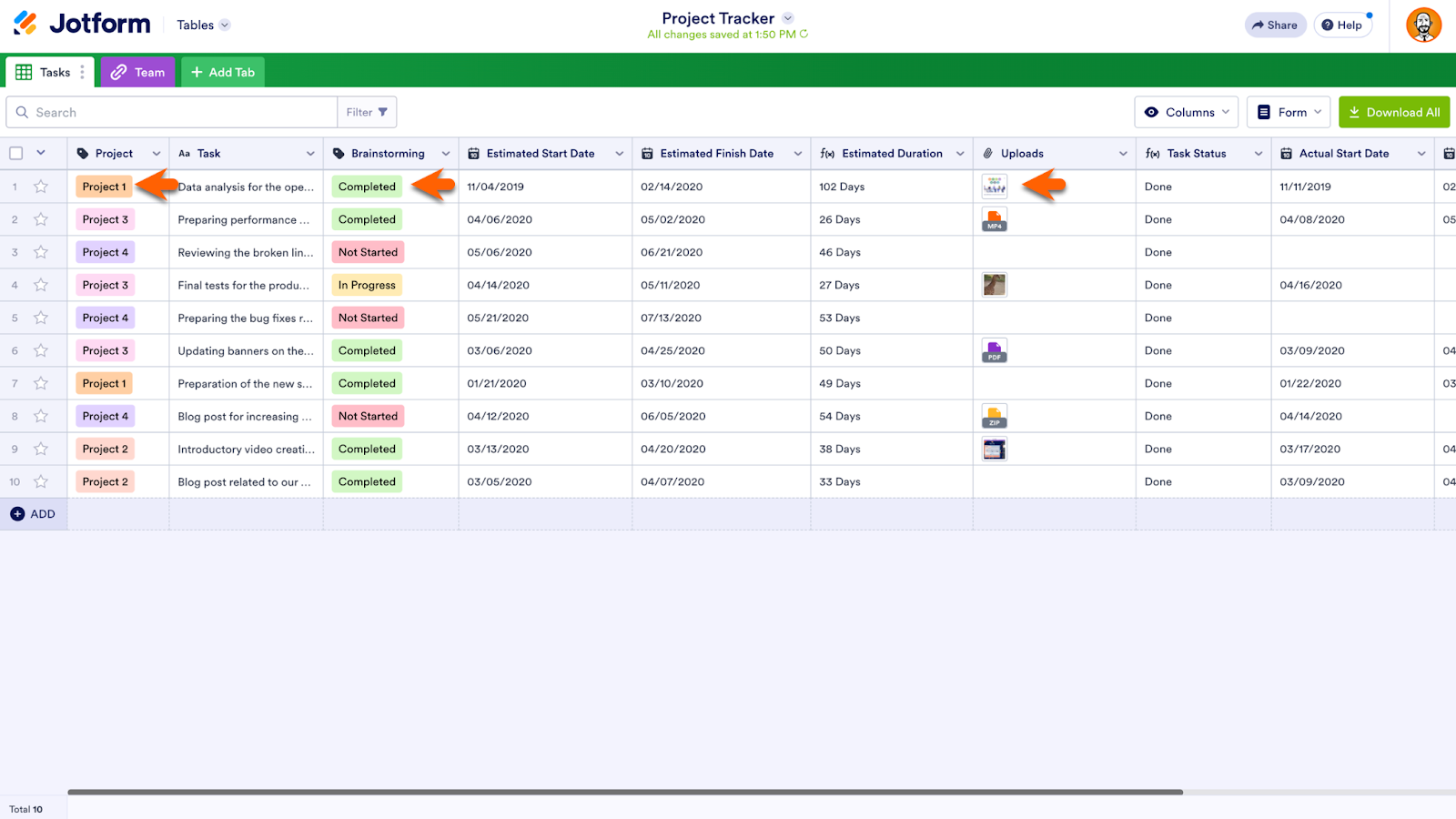 Viewing Color-Coded Labels and Uploads in Project Tracker Template in Jotform Tables