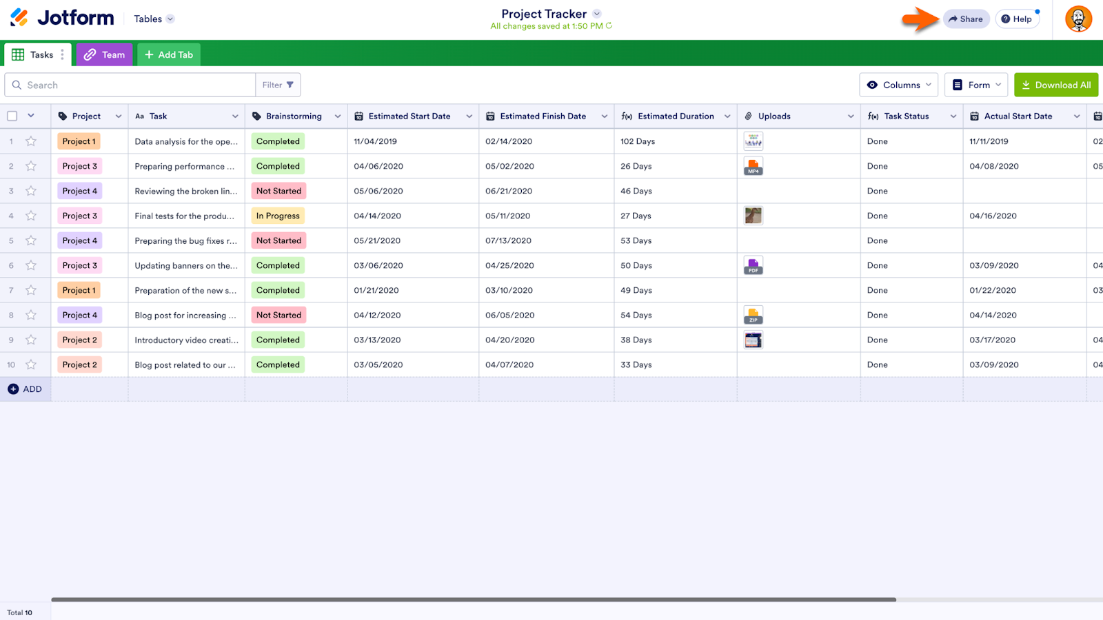 Clicking on the Share Button in Jotform Tables