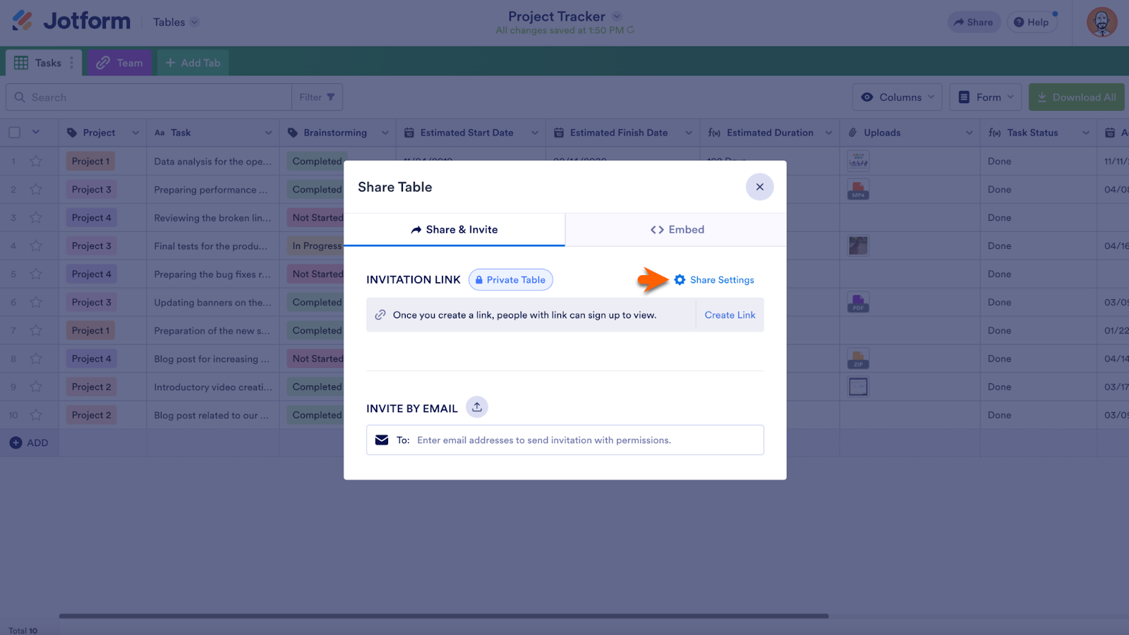 Clicking on the "Share Settings" Button under the Share & Invite Tab in Jotform Tables