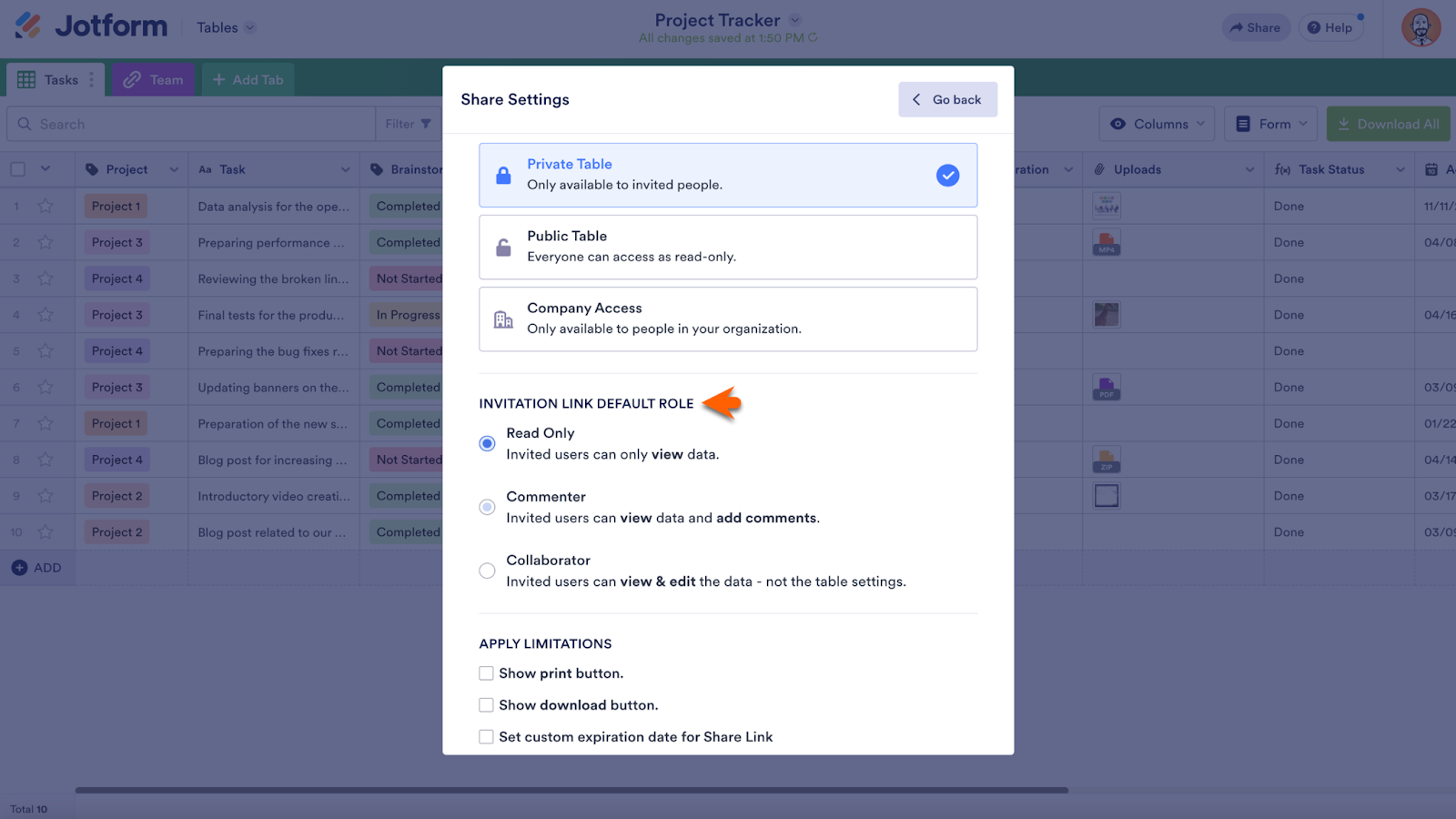 Viewing Options Under the Invitation Link Default Role Section in the Share Settings