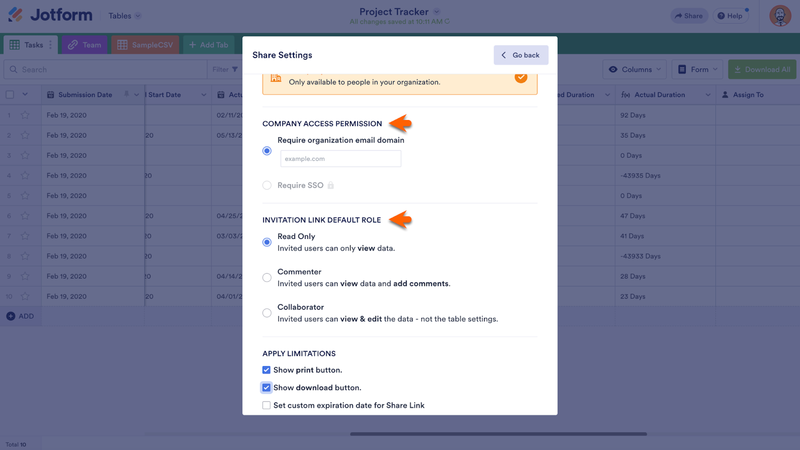 Showing Company Access Permission  and Invitation Link Default Role Sections under Share Settings in Jotform Tables