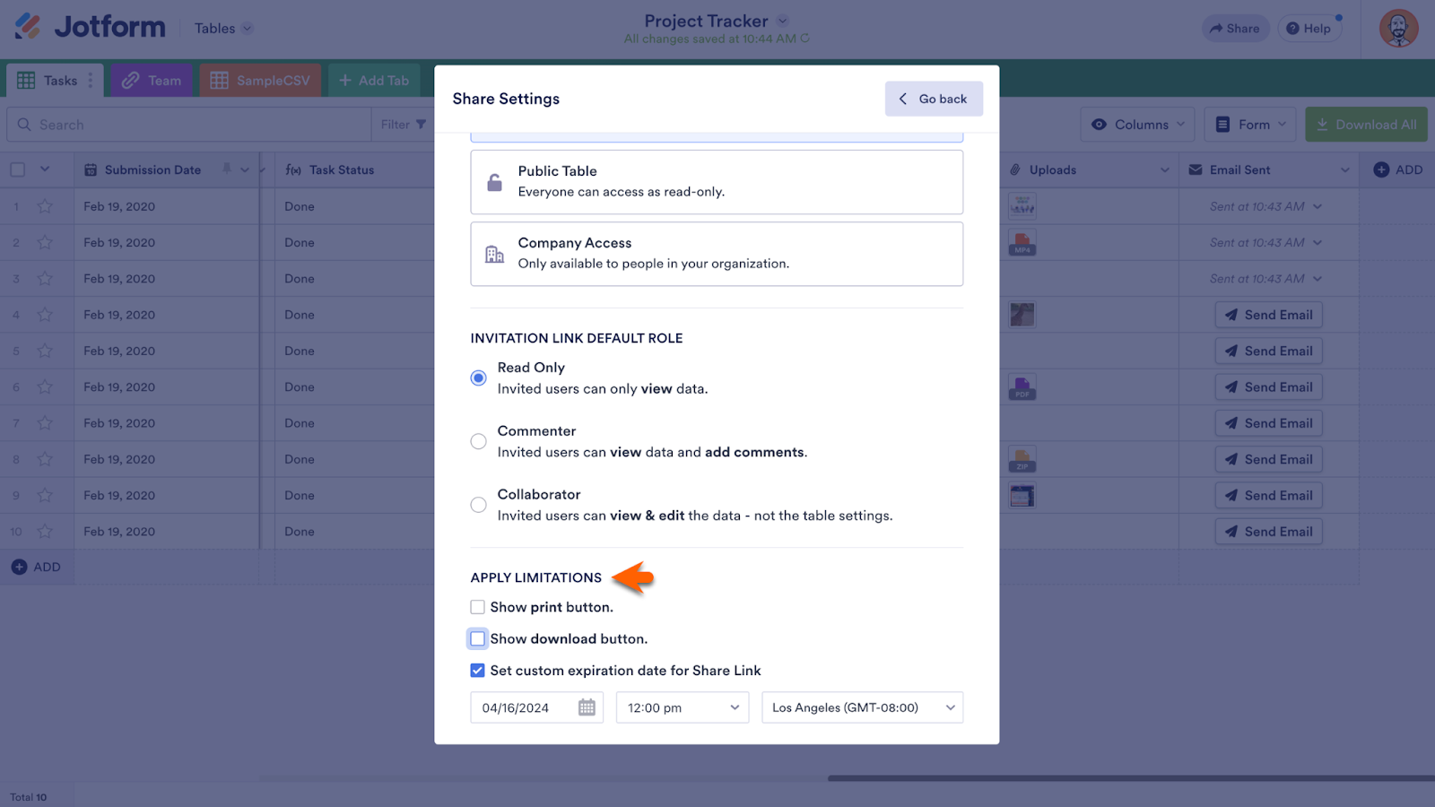 Apply Limitations Section Under Share Settings in Jotform Tables