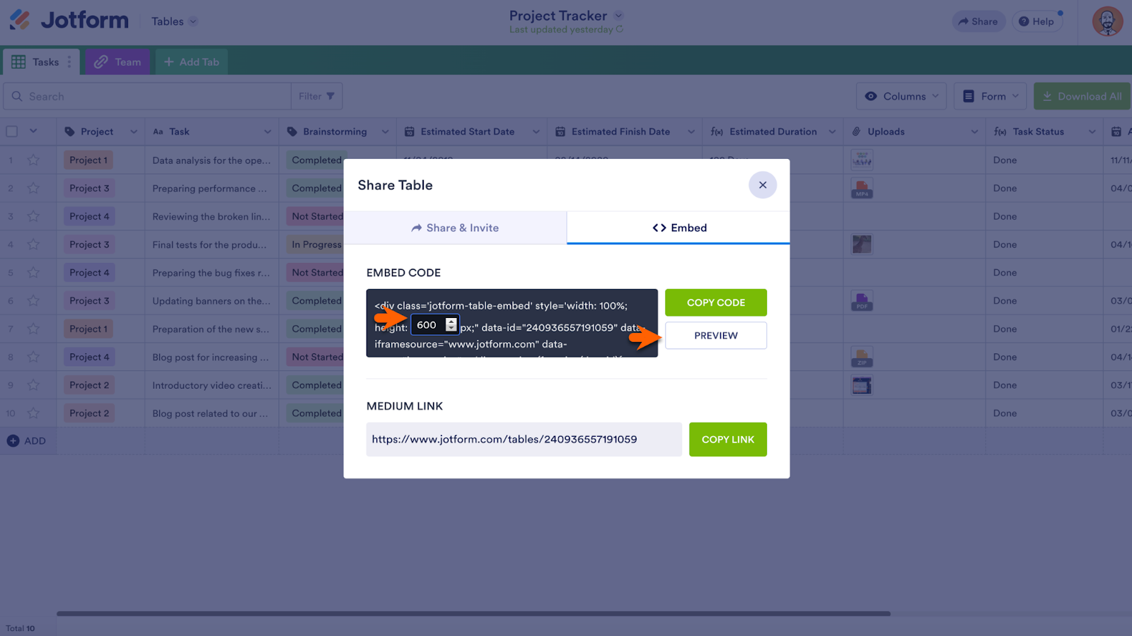 Showing the Height Adjuster in the Embed Code and then the Preview Button in the Embed Tab under Share Table Option
