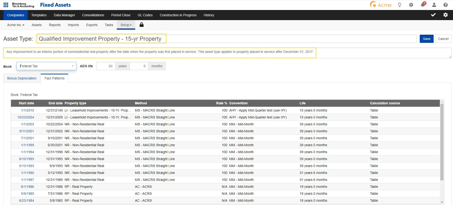 User Interface of Bloomberg Tax & Accounting Fixed Assets
