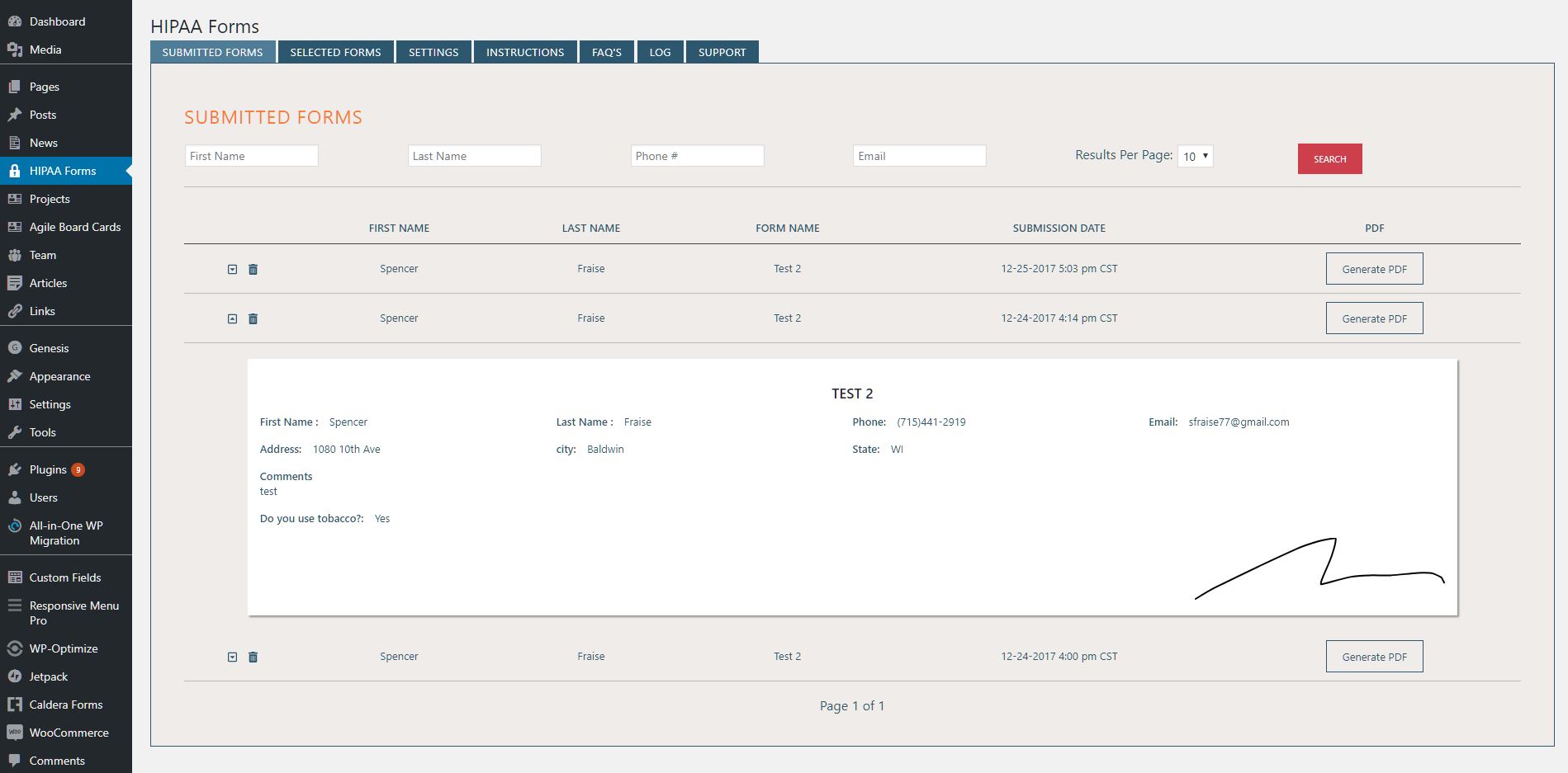 User Interface from HIPAA Forms WordPress plug-in