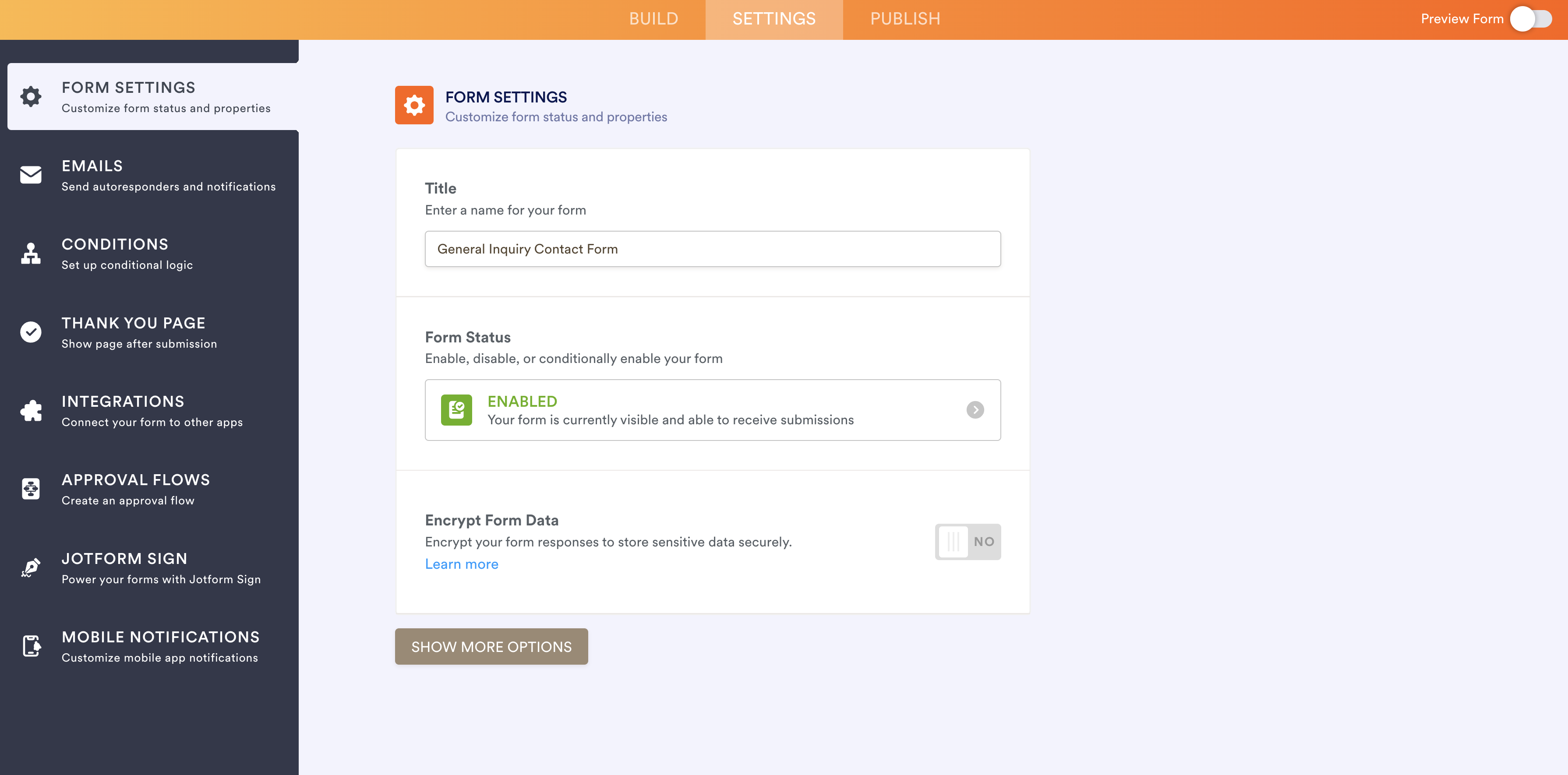 Clicking on Form Settings Under Settings Tab in Jotform Form Builder