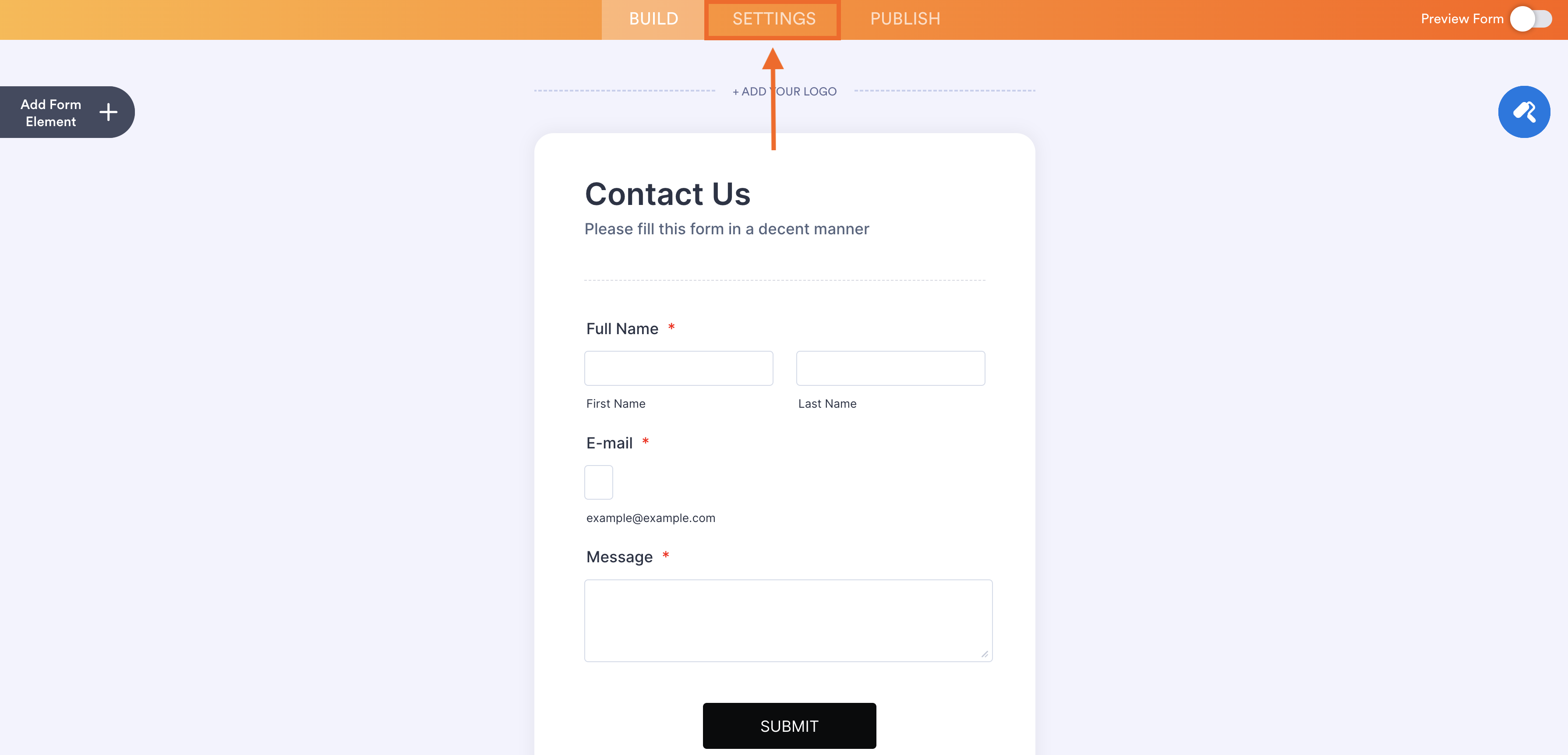 Contact Form in Jotform Form Builder Clicking on Settings Tab