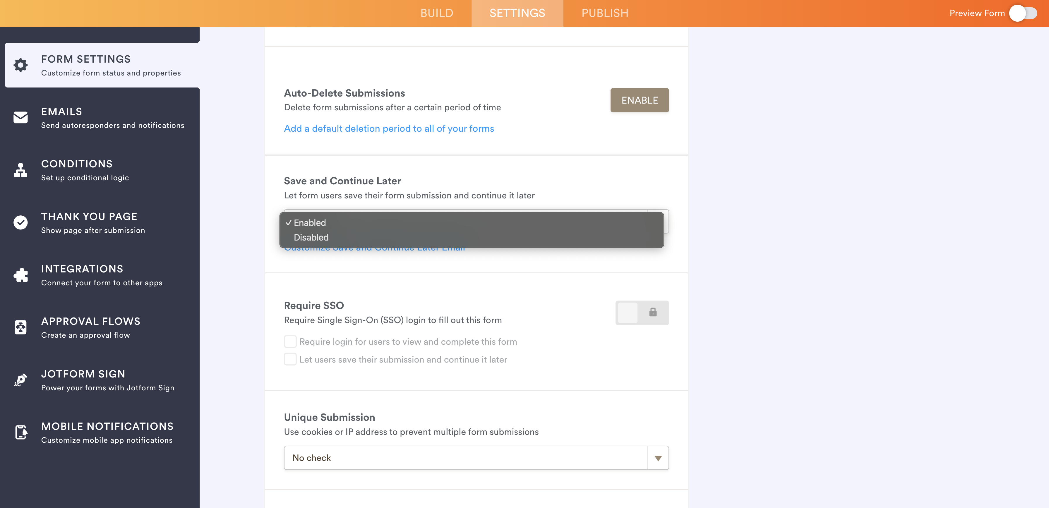 Selecting Enabled option in Save and Continue Later Section in Jotform Form Builder