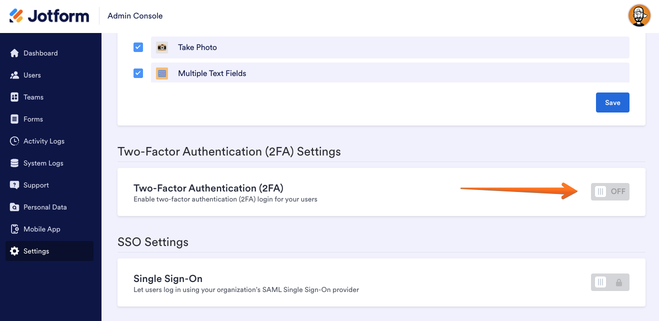 Settings Tab in Jotform Admin Console Toggling the Switch of Two-Factor Authentication to On