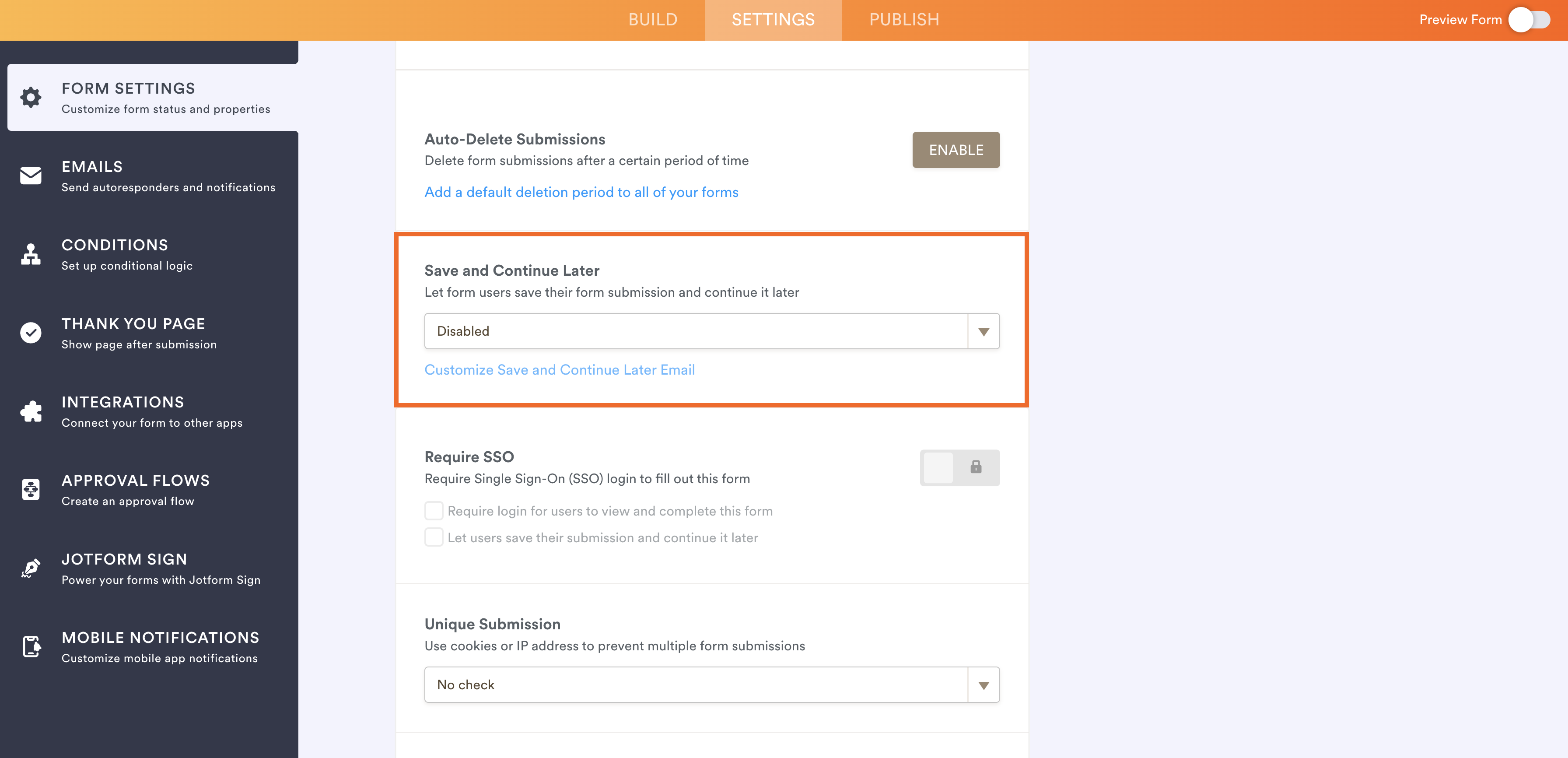 Save and Continue Later Section Under Form Settings in Jotform Form Builder