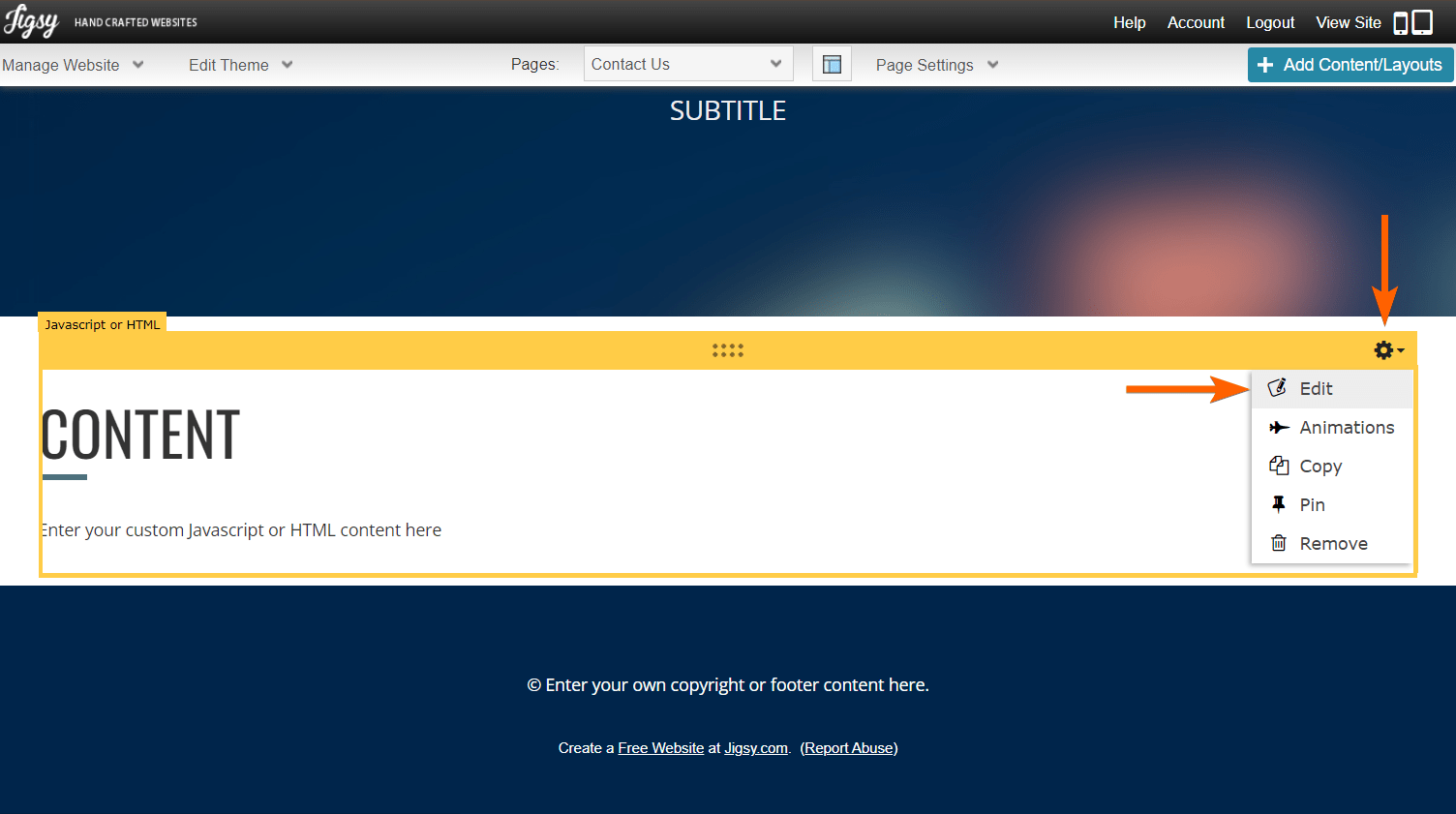 Edit Javascript/HTML Block in the Jigsy website editor