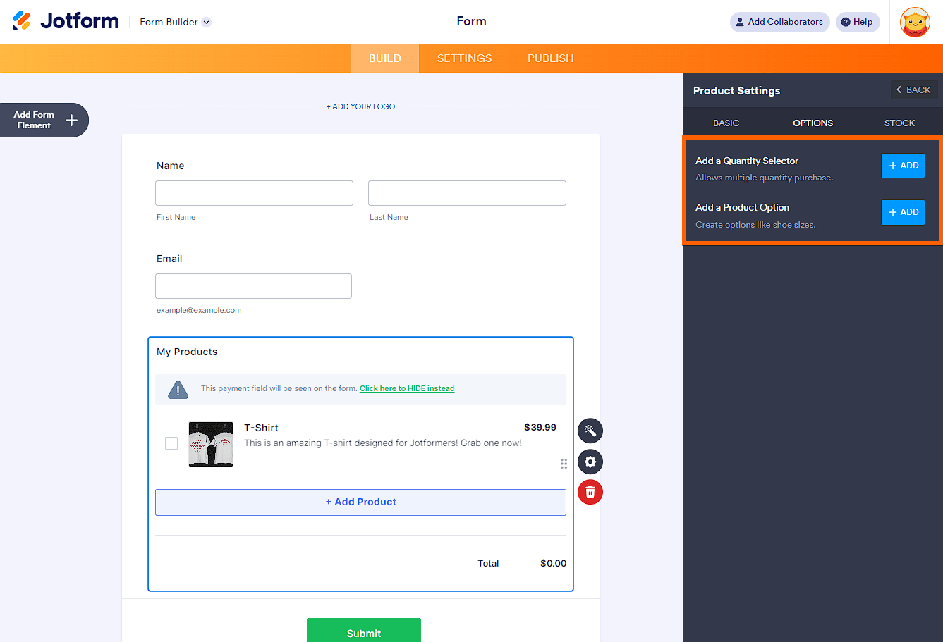 Selector de Cantidad y Opción de Producto de la integración de PayPal Personal en el Creador de Formularios de Jotform
