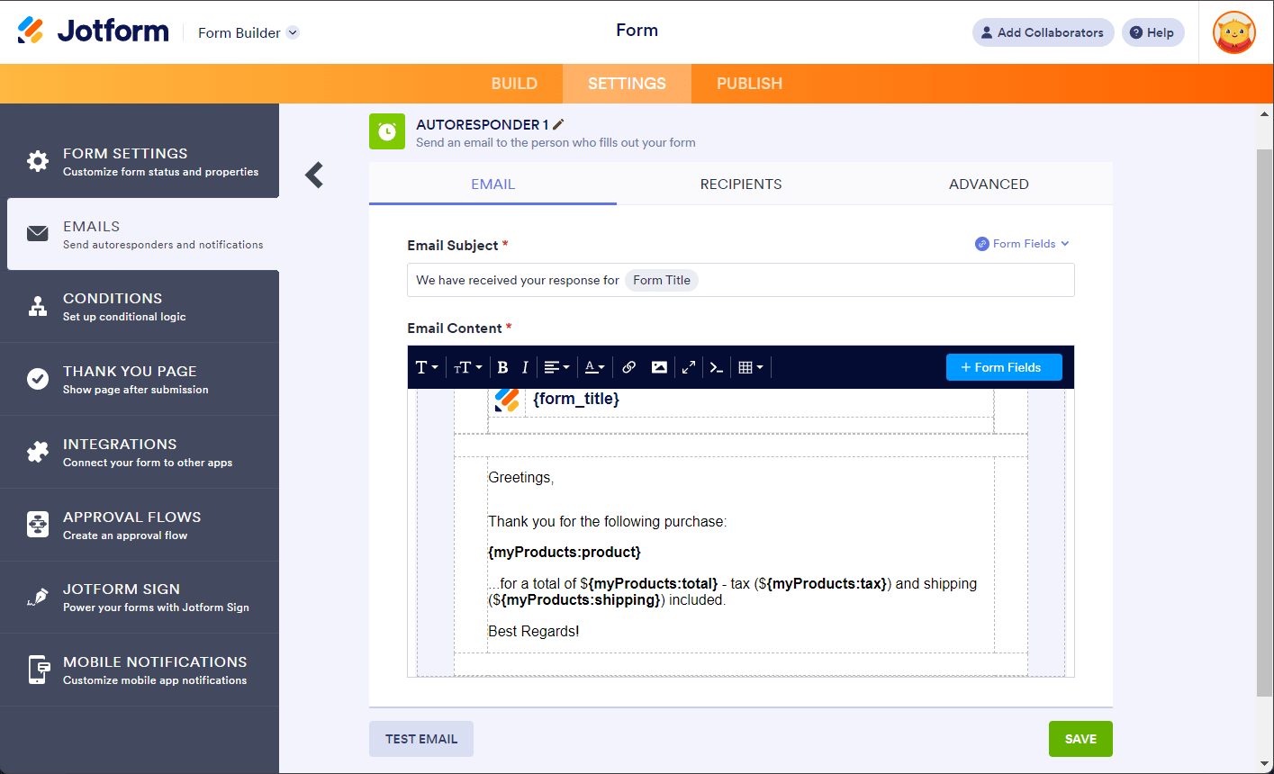 Autoresponder Email in Jotform with the individual labels of the payment element