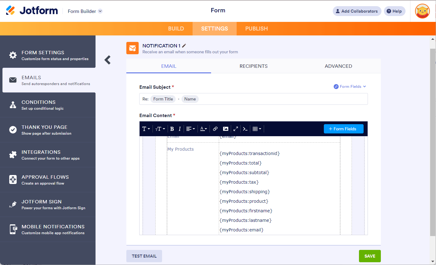 Payment field tag with individual suffixes in the notification email settings of Jotform