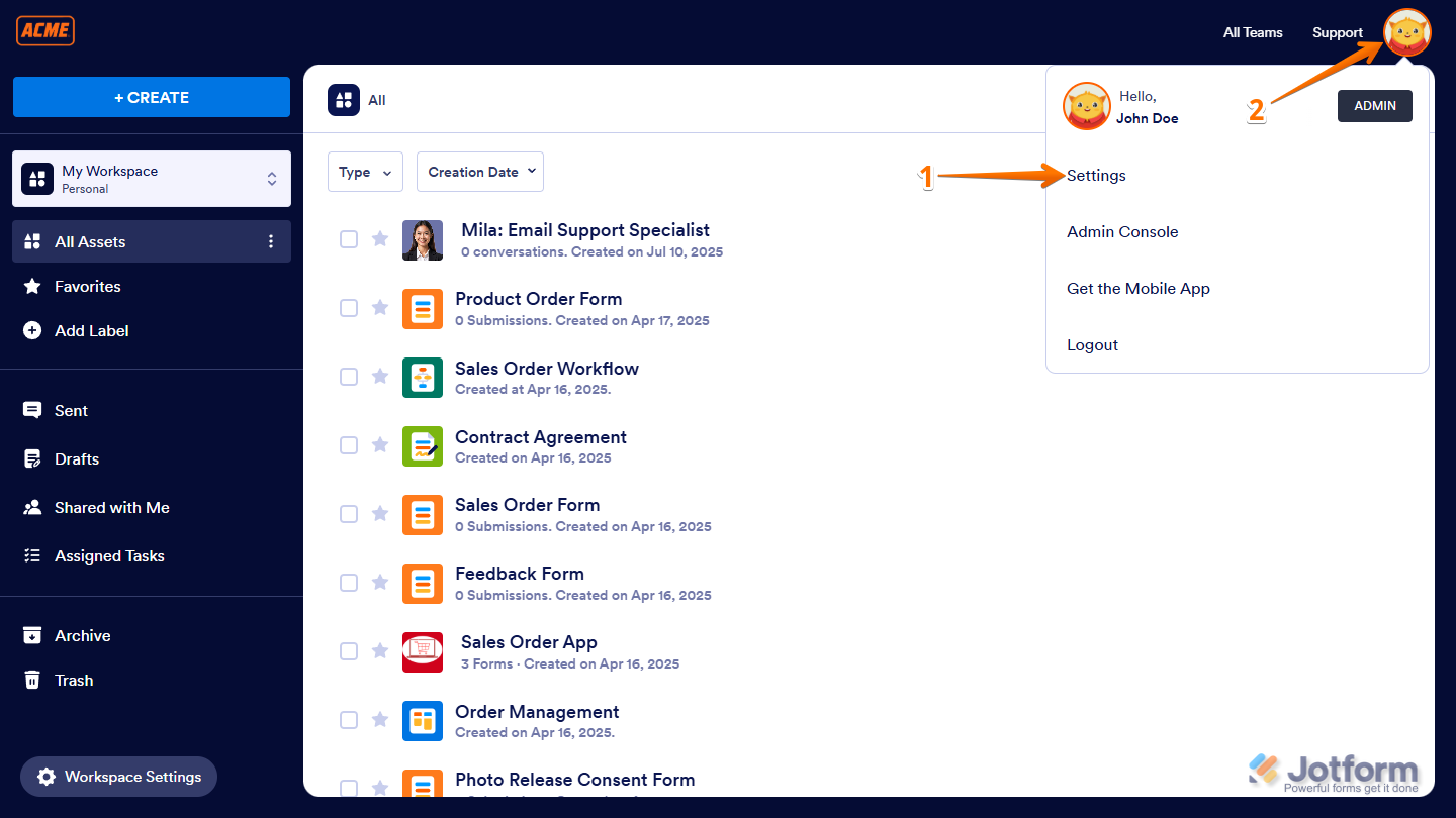 Profile Picture icon and Settings option in Workspace in Jotform Enterprise
