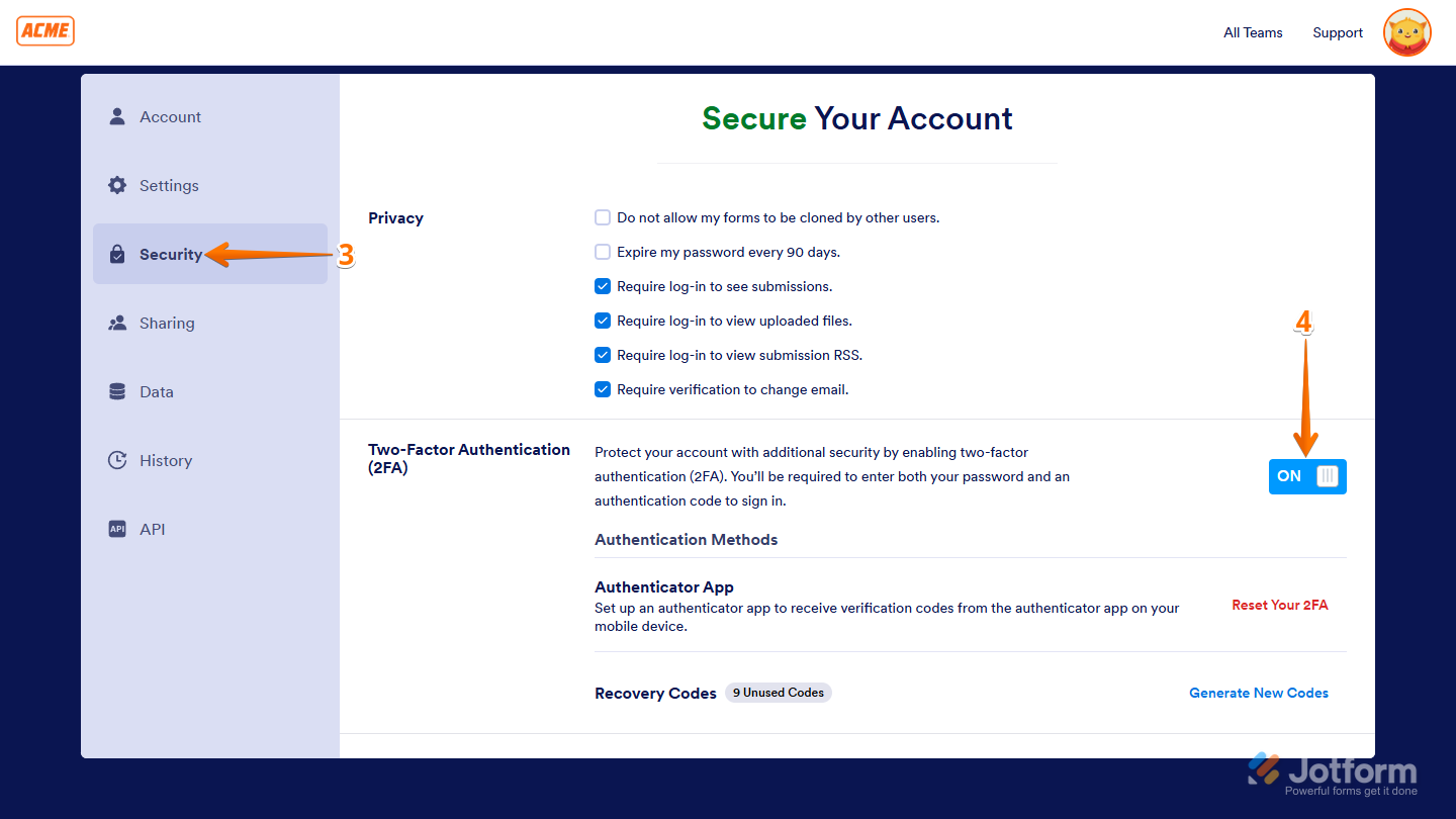Security tab and 2FA option in Jotform Enterprise