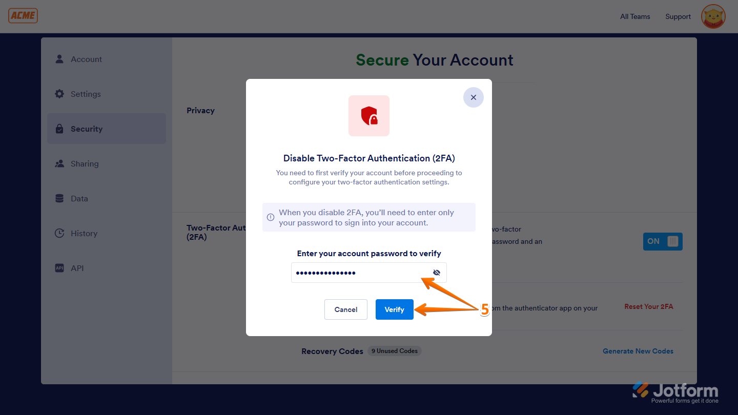Enter Password and Verify Button in Workspace in Jotform Enteprise