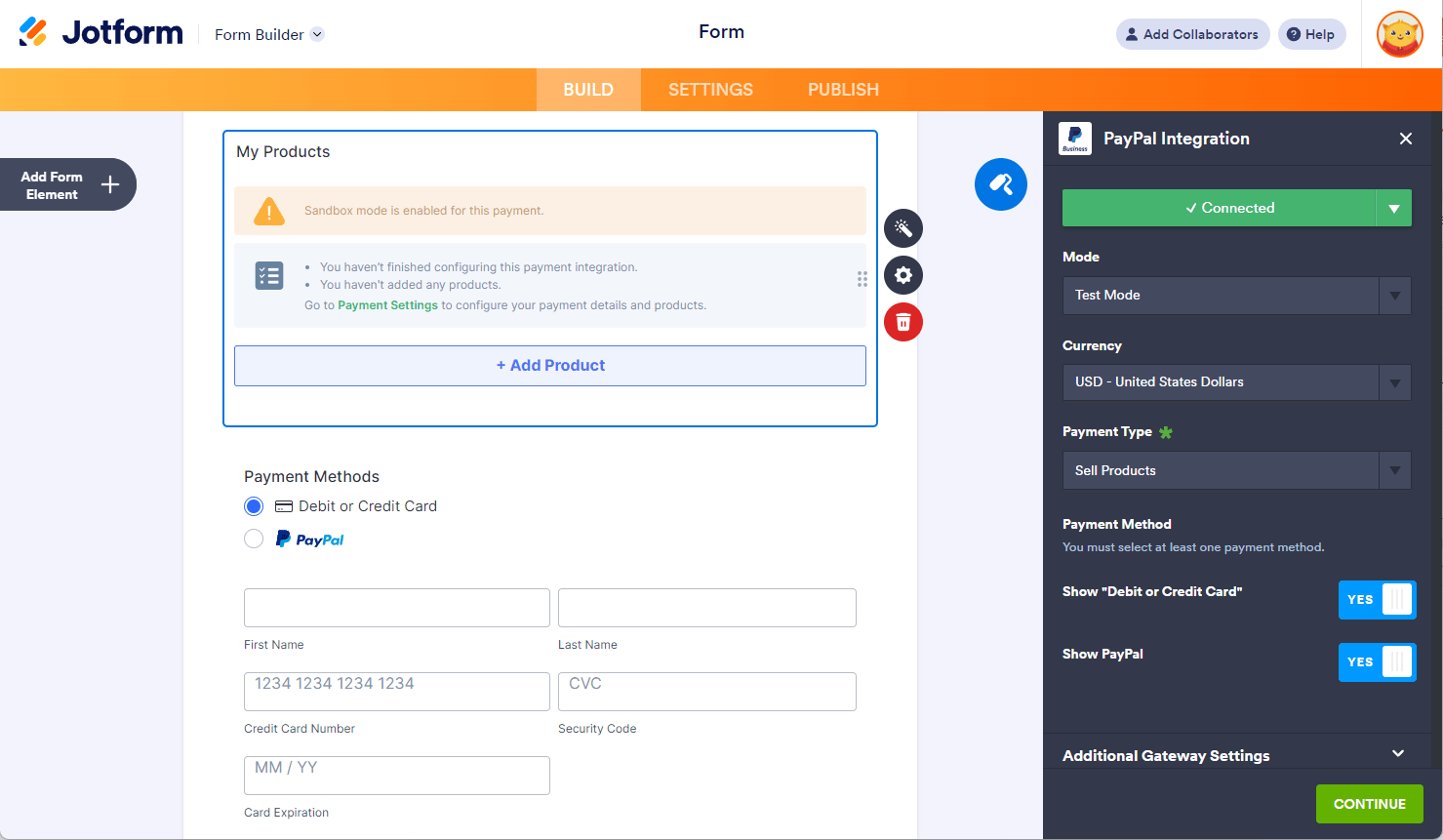 Sandbox account connected in the PayPal Business integration in Jotform Form Builder