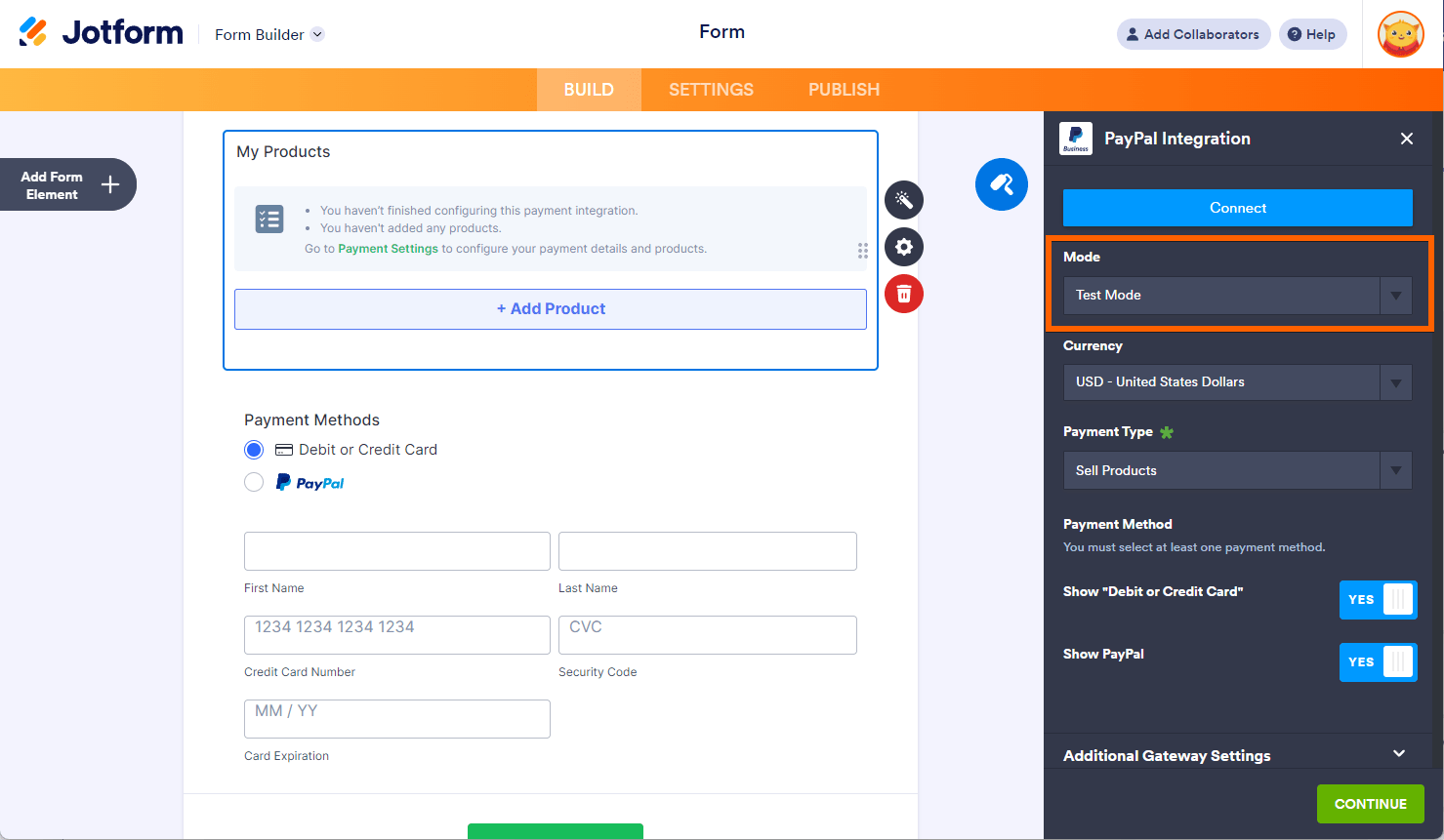Test Mode in the PayPal Business integration settings in Jotform Form Builder