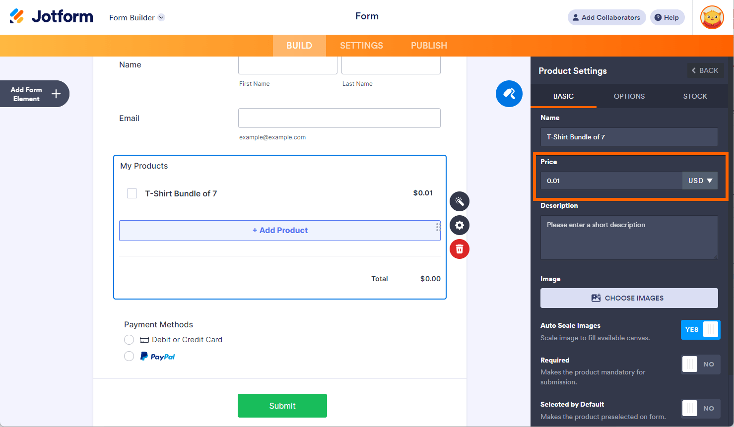Live Test Product in the PayPal Business integration in the Jotform Form Builder